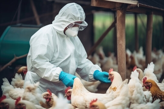 Veterinarian in protective equipment inspecting the poultry at chicken farm,  bird flu infection