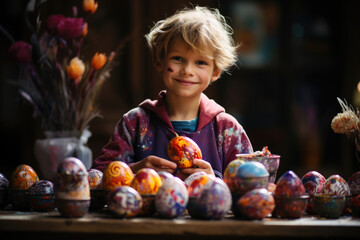 Fototapeta na wymiar Child painting eggs with paint preparing for Easter