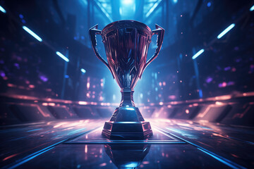 The esports winner trophy standing on the stage in the middle of the arena of the computer video game championship. Two rows of PCs for competing teams. Stylish neon lights with a cool design. - obrazy, fototapety, plakaty