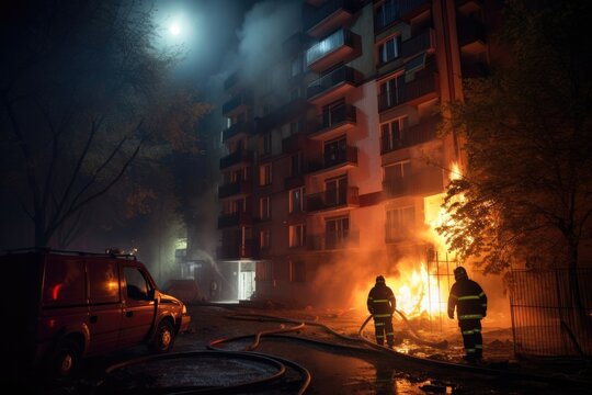 Fighting fire: how firefighters extinguish fires in houses on the street. Firefighters on guard: extinguishing a fire in the house and taking precautions.
