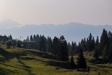 Lush green alpine pasture along hiking trail to the top of mountain peak Dobratsch, Villacher Alps, Carinthia, Austria, Europe. High mountain ranges in background. Tranquil wanderlust atmosphere