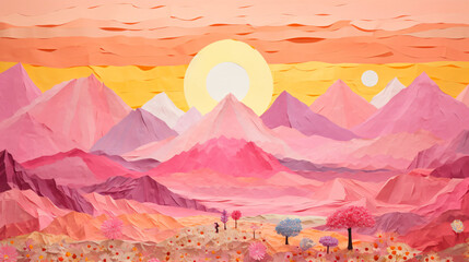 紙を重ねたアート、夕陽（朝日）が照らしてピンクに染まった深い山脈と谷間、花畑