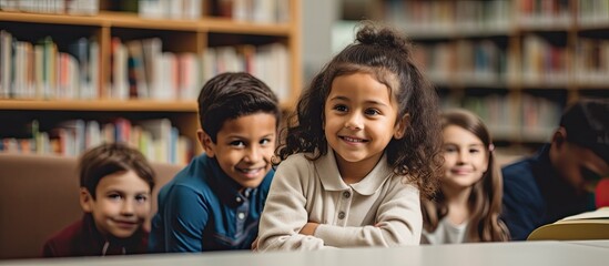 Diverse kids sitting and listening to teacher. Children in library discussing with woman. Smiling Hispanic boy at elementary school.