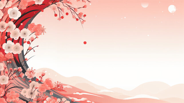 梅の花と桜とピンクの海の波のイラスト、コピースペース有、花札のようなイラスト