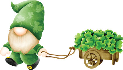 cheerful gnome in a green hat pulls a wooden cart overflowing with vibrant shamrocks against ,Cute gnome for St Patrick