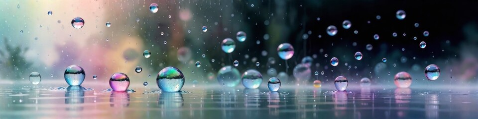 Abstract banner iridescent water bubbles during rain, blurred background, background for design, place to insert text