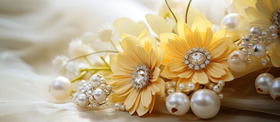 Stunning bridal accessories, wedding details, yellow flower bouquet, pearl earrings, classic hotel, spring atmosphere, fashionable decor, lovely photographs.