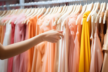 The young woman hand chooses dress in the store. a close plan