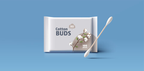 Ear cotton buds package design with 3d cotton flower blossom and cotton bud sample, eco cosmetics