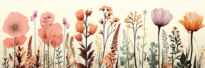 Wide panoramic banner of different types of pink and yellow flowers, simple flower illustrations drawing in white background 