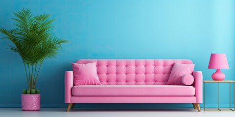The pink sofa with a white pillow is in a living room with blue and pink walls.