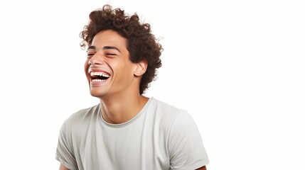 Young Brazilian man isolated on white background laughing isolated on white background,. Created using Generative AI Technology - obrazy, fototapety, plakaty