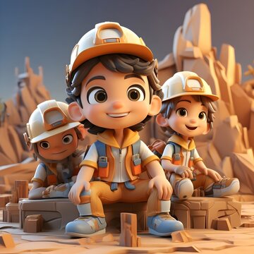 Ni&ntilde;os constructores Personaje de animaci&oacute;n Kawaii 3d. Render realista generado con tecnolog&iacute;a IA