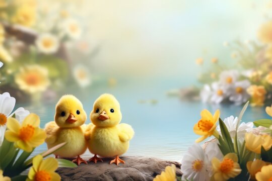 two cute little ducklings on the river bank with daffodils. Easter holidays concept