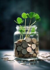 Investment concept. Money for growth. Coins in a glass jar, from which a vital plant grows