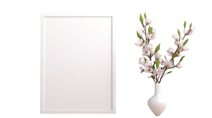 Empty photo frame with flowers on light background, top view, minimalist, pastel colors