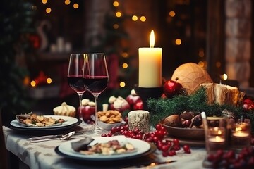 Traditional Christmas dinner for a couple. A table with food and two glasses of wine, against the backdrop of a Christmas tree, a cozy atmosphere.