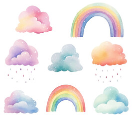 Set of watercolor rainbow clouds. Fantasy pastel color. Vector nursery elements