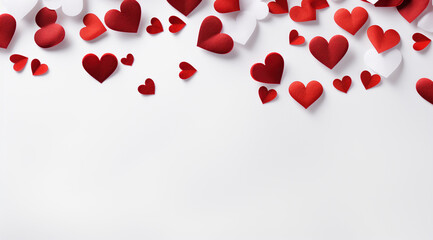 Red and white paper hearts floating in the air on the white background, copy space