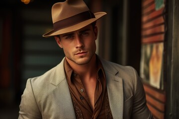 Male model in a vintage-inspired outfit with a fedora