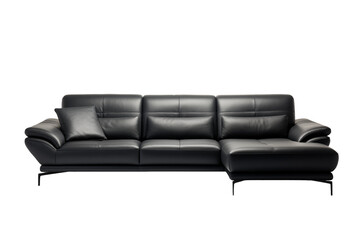 An L-shaped black leather modular sofa featuring adjustable headrests and supported by metal feet.
