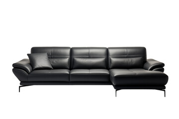 Obraz premium An L-shaped black leather modular sofa featuring adjustable headrests and supported by metal feet.