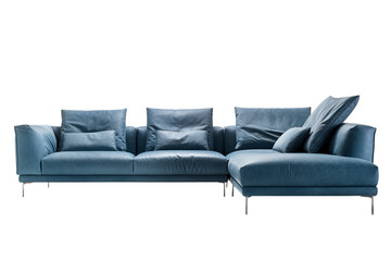Fototapeta na wymiar A generously sized corner sofa upholstered in blue fabric, adorned with plush cushions, sloping arms, chrome legs, and intricate stitching.