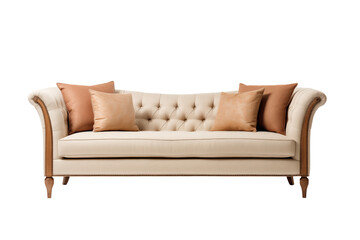 A three-seater linen sofa in beige featuring button details on the backrest, accompanied by two matching cushions with embroidery, and mahogany tapered leg - obrazy, fototapety, plakaty