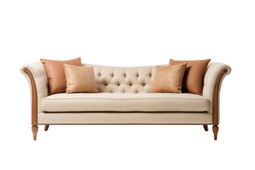 A three-seater linen sofa in beige featuring button details on the backrest, accompanied by two matching cushions with embroidery, and mahogany tapered leg