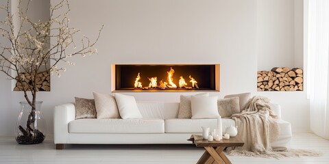 Stylish living room with modern fireplace and white sofa plus pillows.