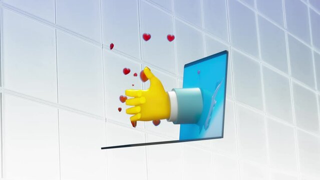 toon animation of a cartoon hand from a laptop  and shows the like concept of online communication and remote sales of Internet business and social networks 3D render looping