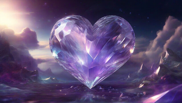 heart made of purple amethyst against a background of mountains, 3d illustration