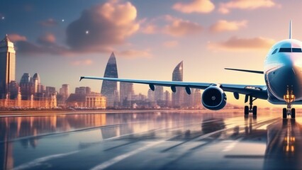 travel airplane landing in beautiful city cinematic wallpaper - obrazy, fototapety, plakaty