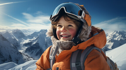 Side close portrait of a boy on snowboard move fast downhill smile and in active pose over ski lift, mountain tops - obrazy, fototapety, plakaty