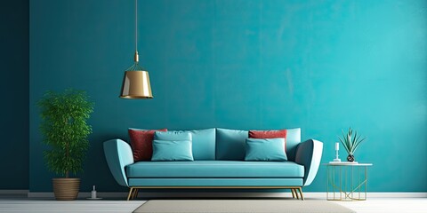 Modern living room with teal blue wall, sleek furniture, and decorative details