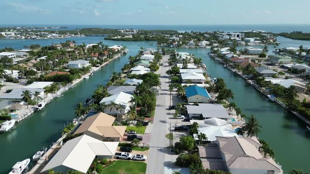 Vacation rentals and residential waterfront homes along canals on Marathon in the Florida Keys, United States. 
