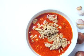 Thai food, Spicy red curry with pork on white background