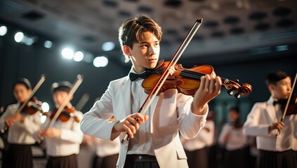 Fototapeta premium Young Violinist Performing in Orchestra Concert