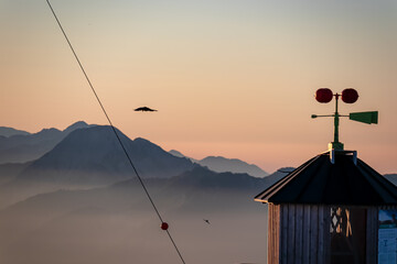 Bird flying around weather station with panoramic sunrise view from Dobratsch on Julian Alps and...