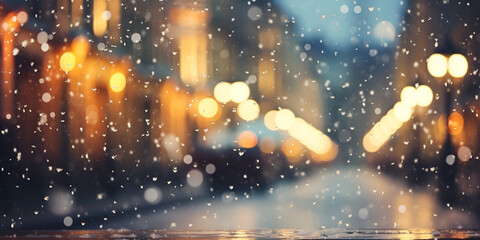 Obraz na płótnie Canvas Festive Night Glitter: Blurred City Street with Snowfall and Christmas Lights - Abstract Bokeh Defocus Background