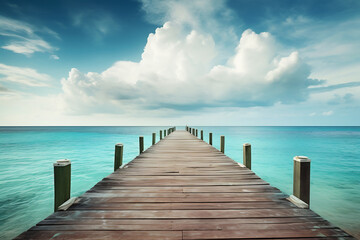 Dock boardwalk with sun and sea background, ai generative