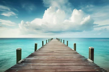 Fototapete Rund Dock boardwalk with sun and sea background, ai generative © Wizard