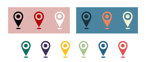 map pointers vector set in various colors, Location symbols, icons.