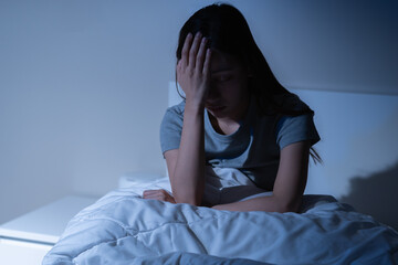 Sad worried and stressed, depressed asian young woman, girl suffering in bed from insomnia problem,...