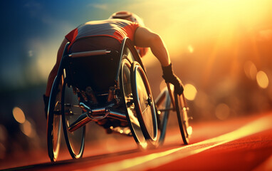 Preparing for wheelchair marathon. Paraplegic male athlete in racing wheelchair warming up alone at...