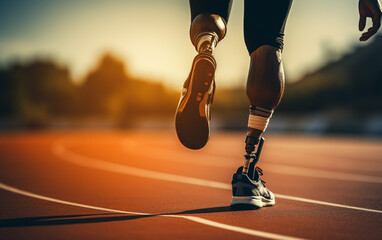 Amputee athlete participates in a race. Man with prosthetic leg running and aiming to win a competition. - obrazy, fototapety, plakaty