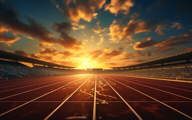 Running track with lanes over sky and clouds - obrazy, fototapety, plakaty