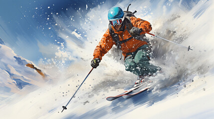 Sliding professional skier in orange warm sport suit with googles. Extreme downhill. Scenic picturesque mountain landscape. Winter holiday resort and vacation. - obrazy, fototapety, plakaty
