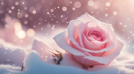 Flower in snow with lightning effects. AI