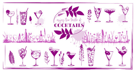 Set of cocktail glasses and plants - Cocktail bar menu. Vector elements for restaurant and cafe. Modern design template with different cocktails.